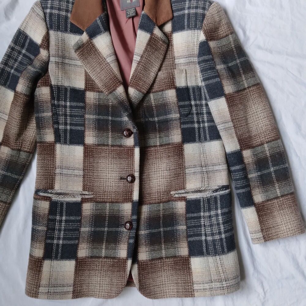 Vintage New York Style Wool Blend Patchwork Plaid Blazer Jacket Womens Small - Picture 3 of 12
